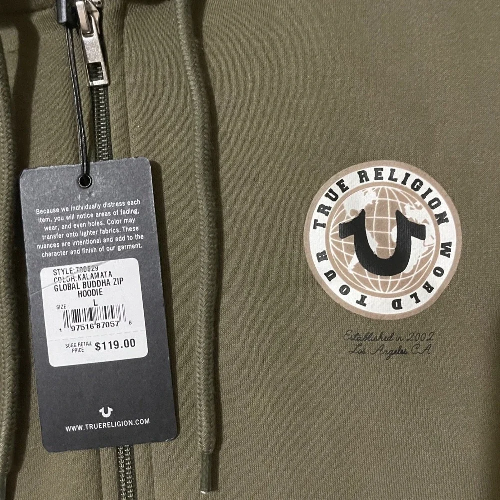 True Religion Mens Global Buddha Zip Hoodie Kalamata Olive Green Size Large $119